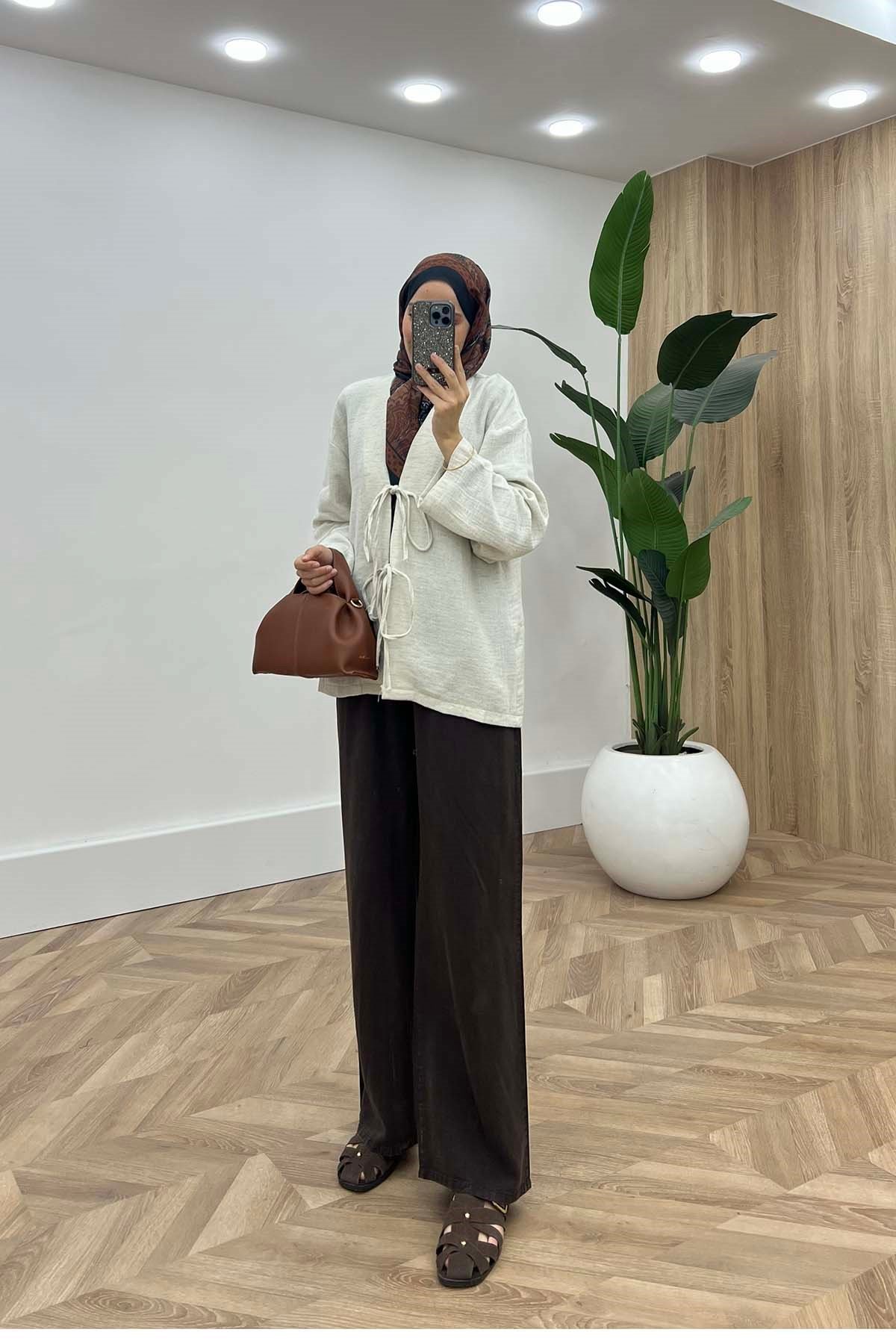 Bağcıklı Doğal Keten Kimono Krem
