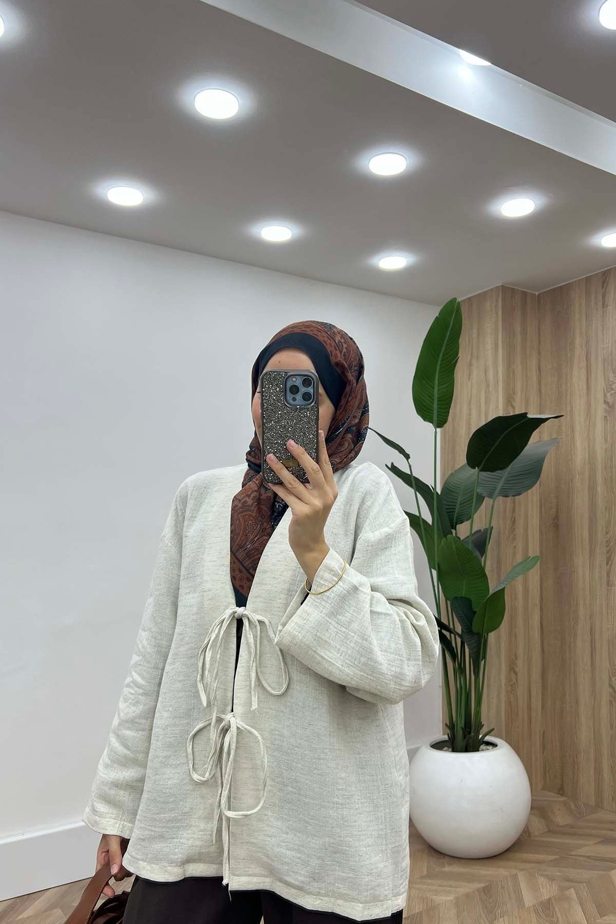 Bağcıklı Doğal Keten Kimono Krem