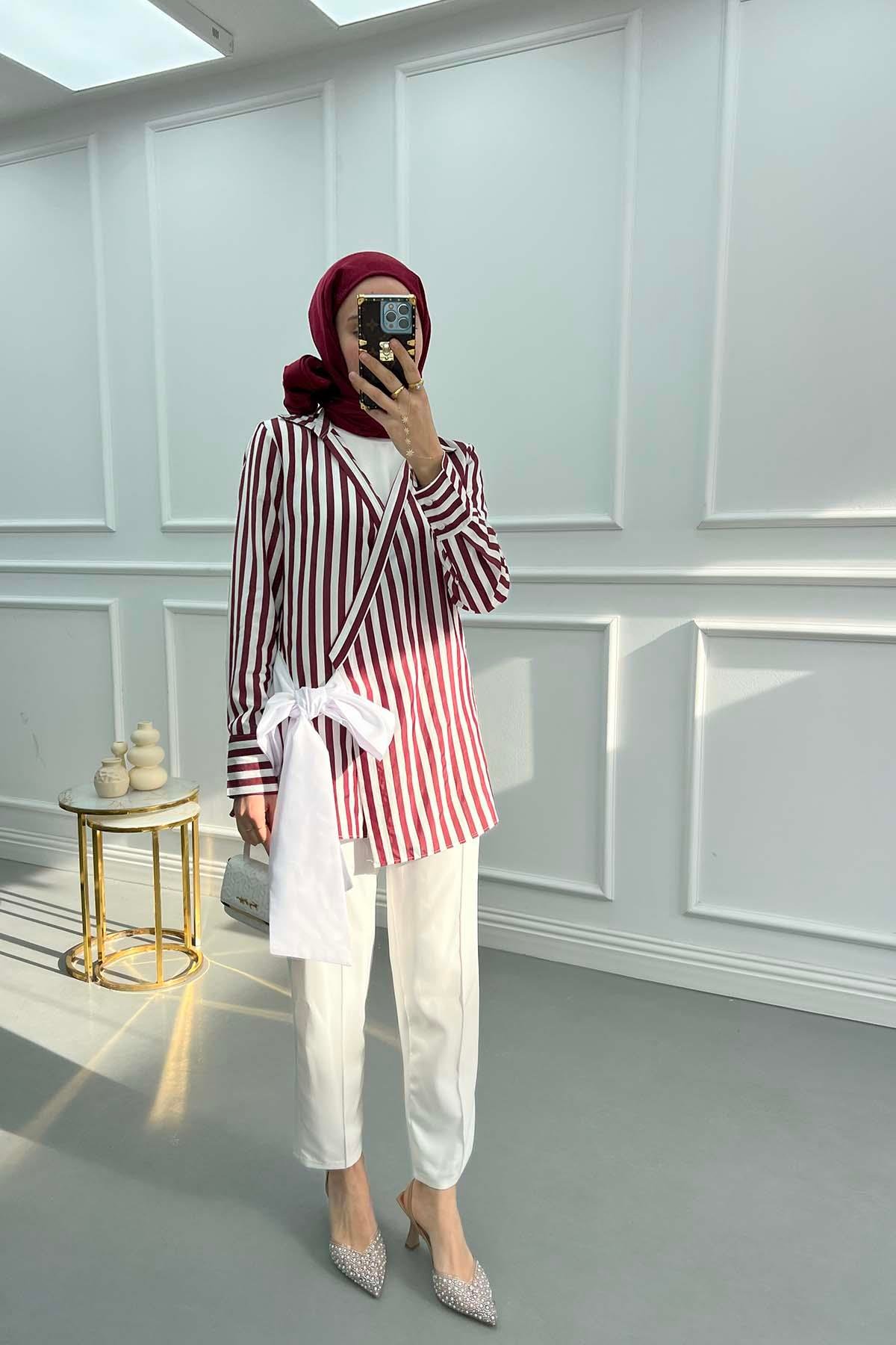 Bağlama Detaylı Çizgili Kimono Bordo
