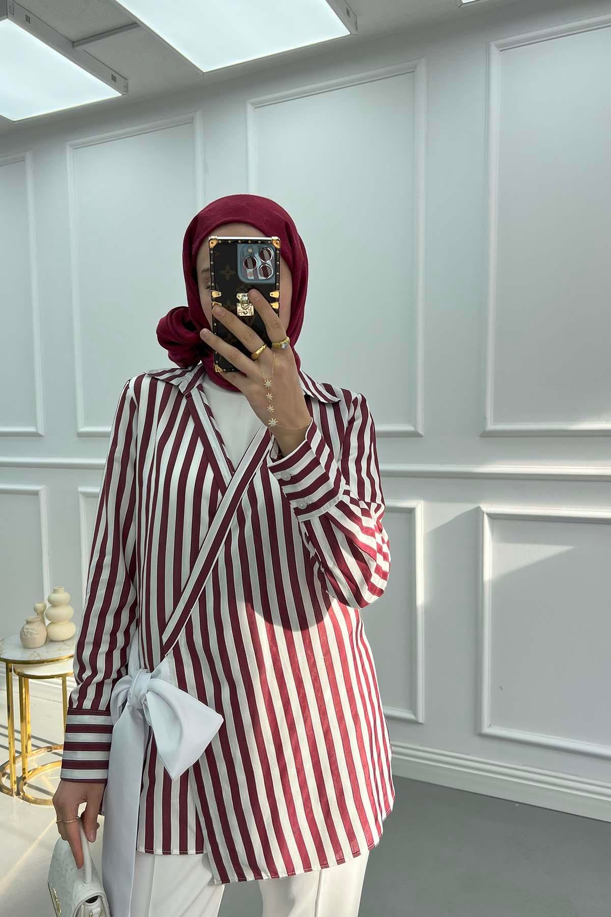 Bağlama Detaylı Çizgili Kimono Bordo