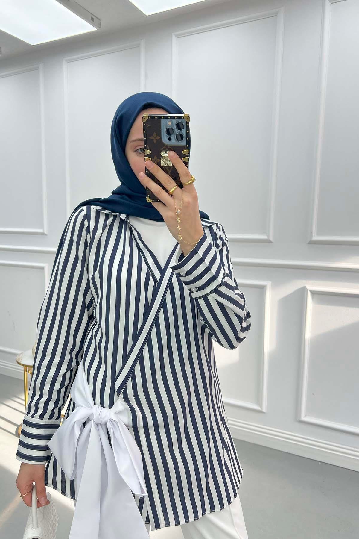 Bağlama Detaylı Çizgili Kimono Lacivert