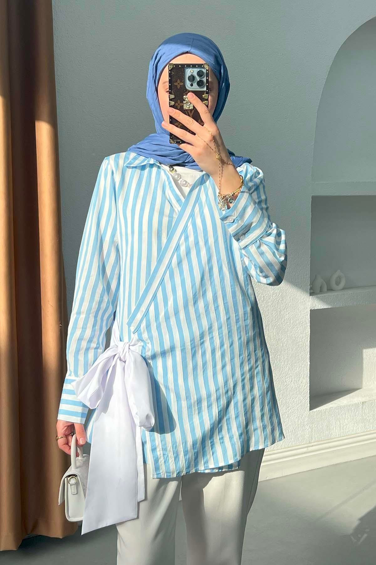 Bağlama Detaylı Çizgili Kimono Mavi