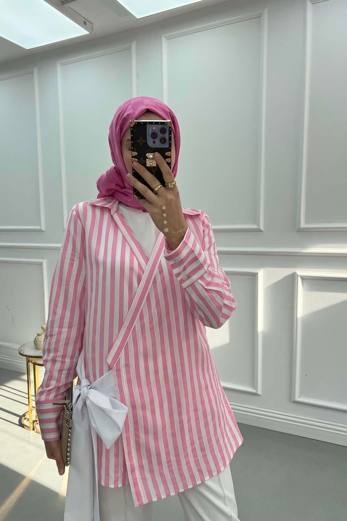 Bağlama Detaylı Çizgili Kimono Pembe