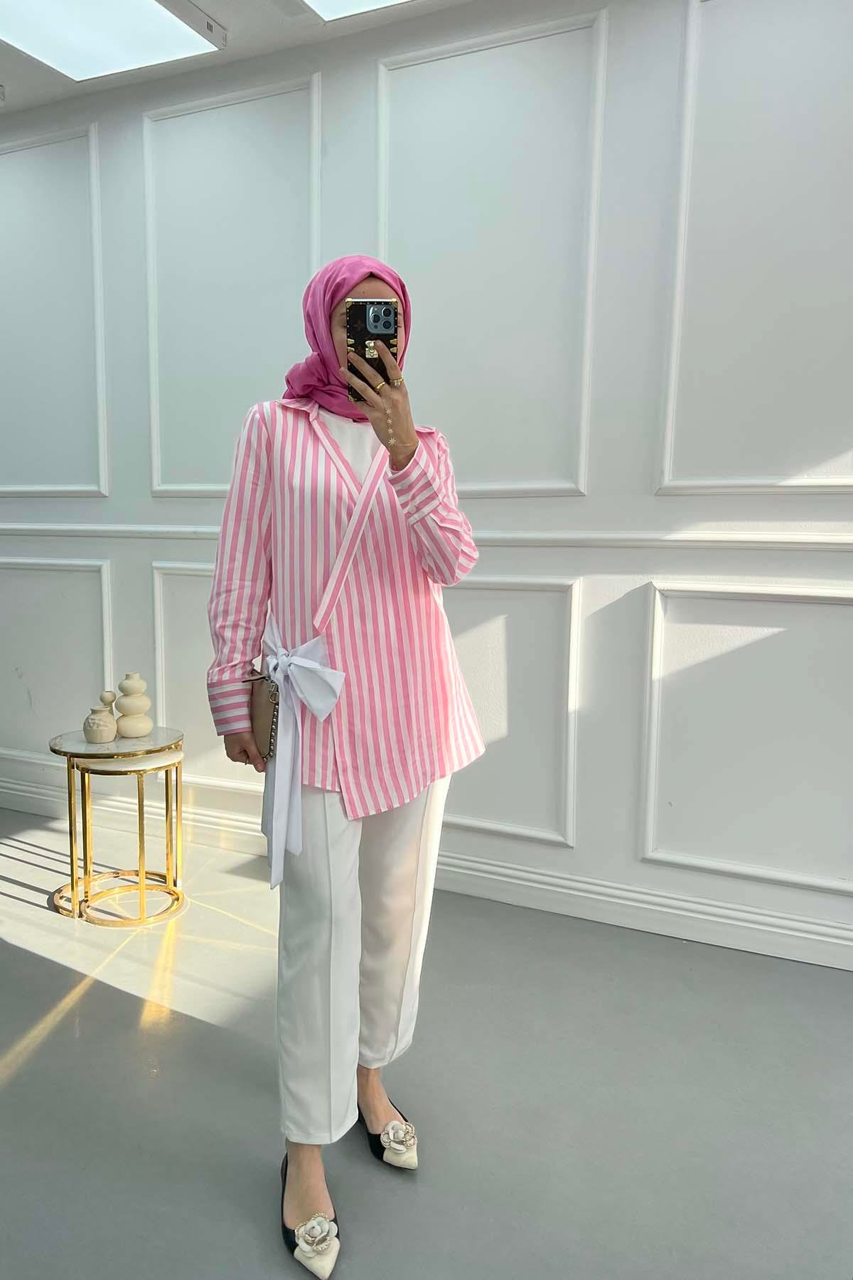 Bağlama Detaylı Çizgili Kimono Pembe