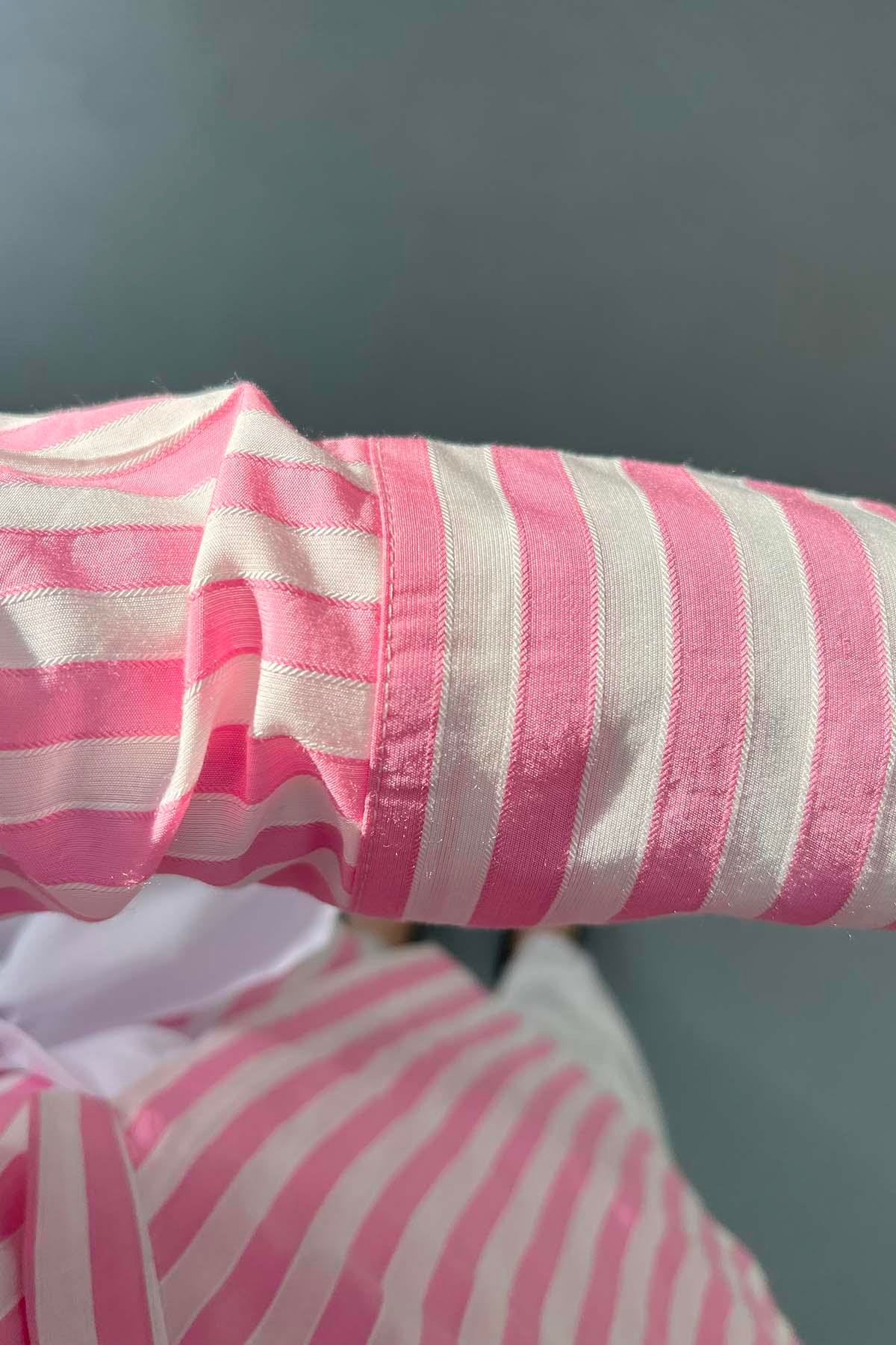 Bağlama Detaylı Çizgili Kimono Pembe