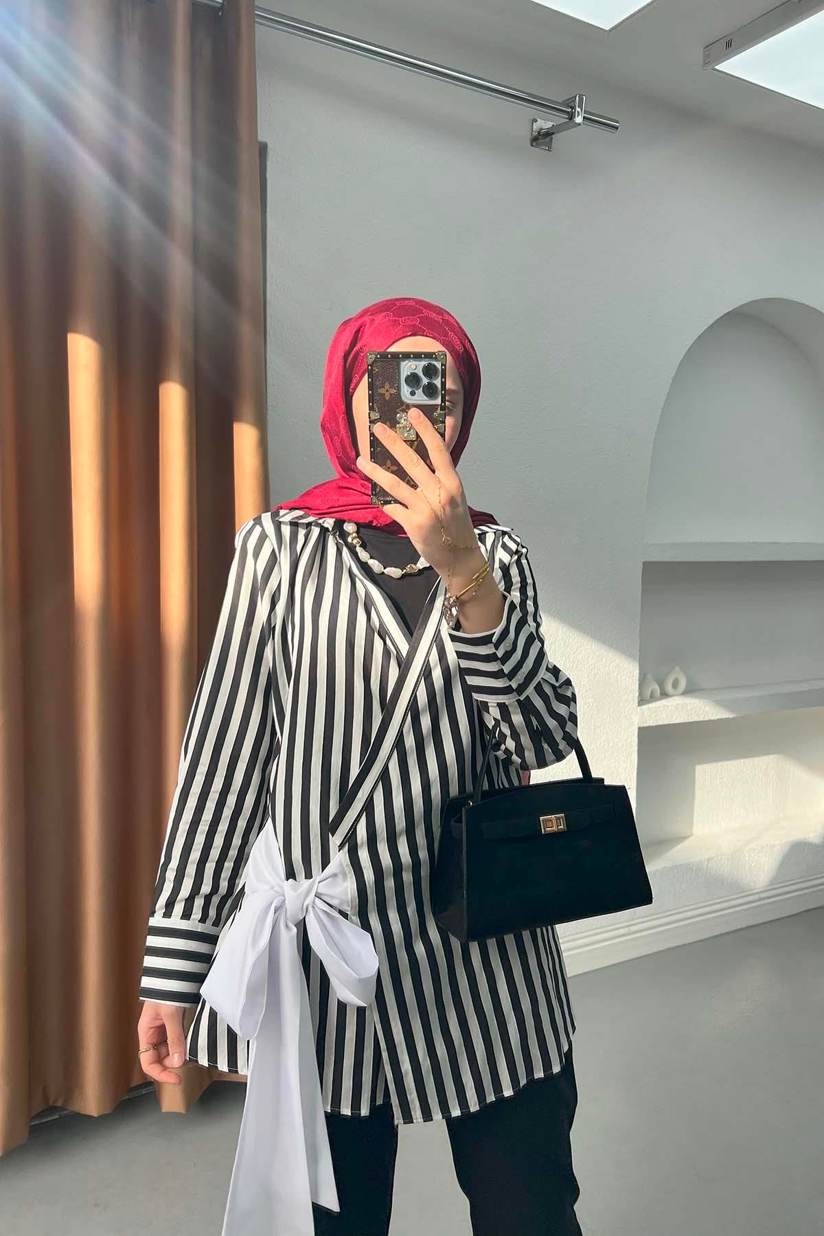 Bağlama Detaylı Çizgili Kimono Siyah