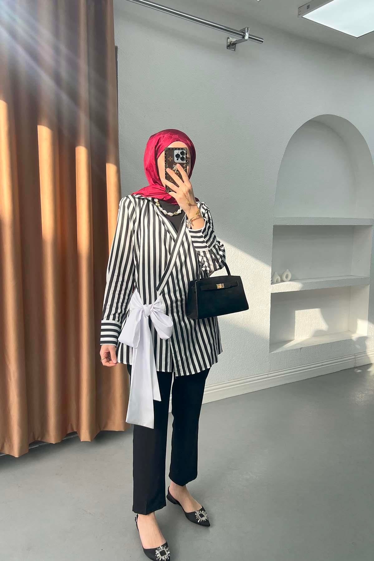 Bağlama Detaylı Çizgili Kimono Siyah