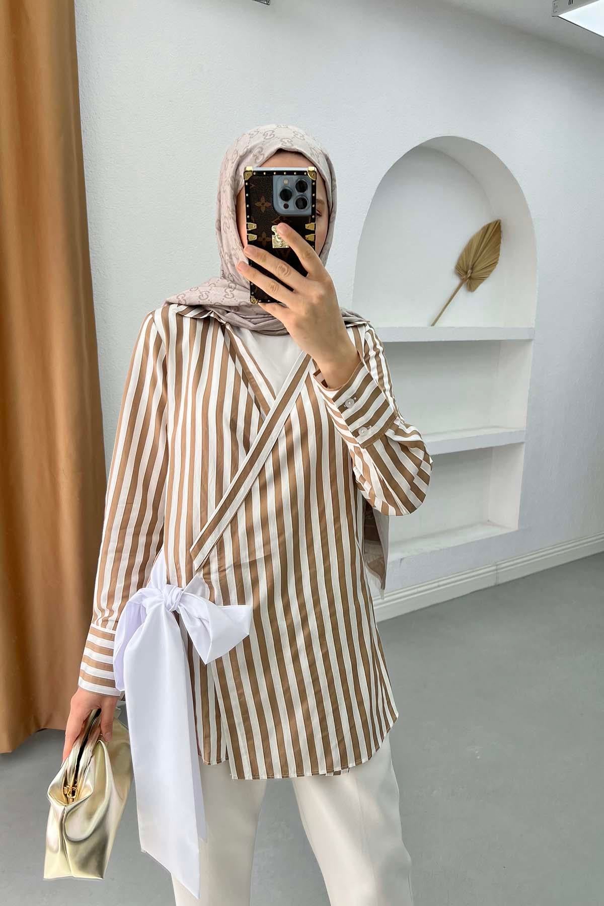 Bağlama Detaylı Çizgili Kimono Sütlü Kahve