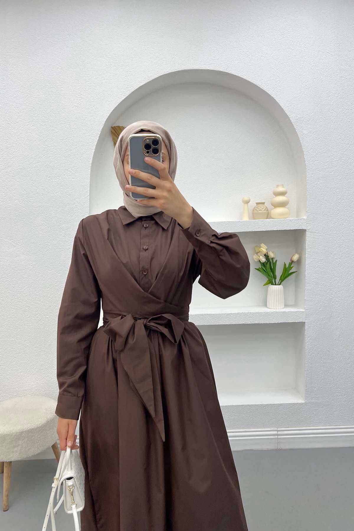 Bağlama Detaylı Elbise Kahve