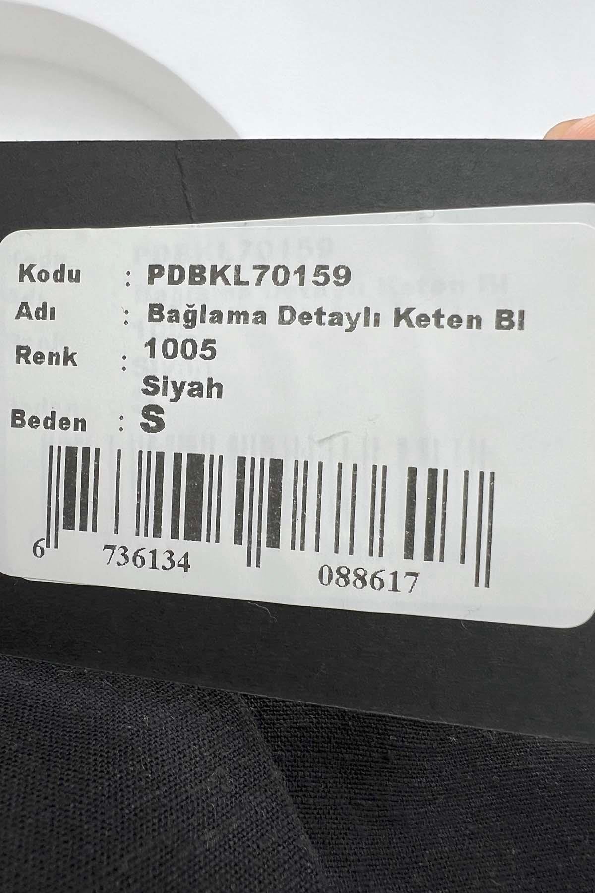 Bağlama Detaylı Keten Bluz Siyah
