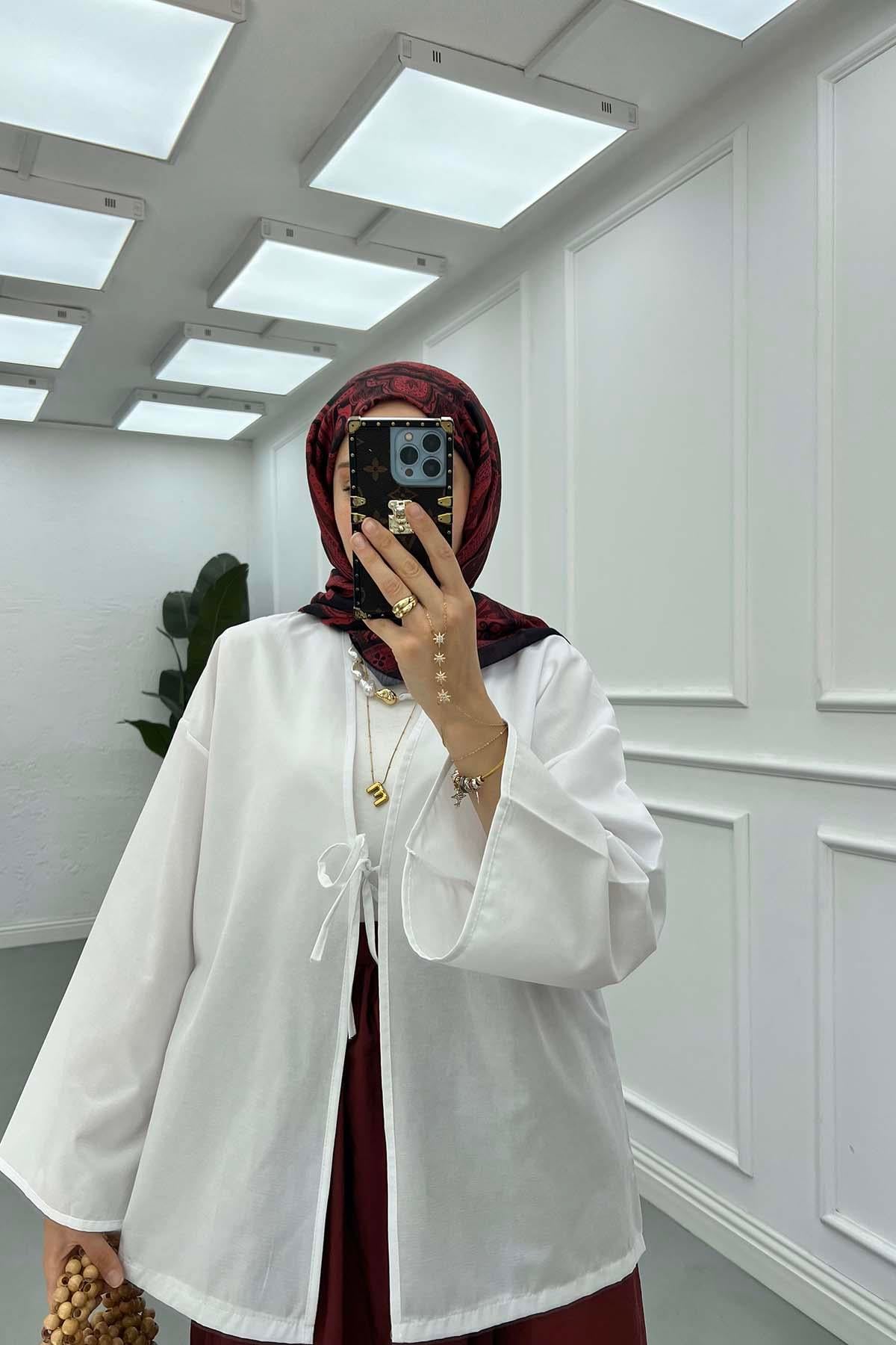 Bağlama Detaylı Kimono Beyaz