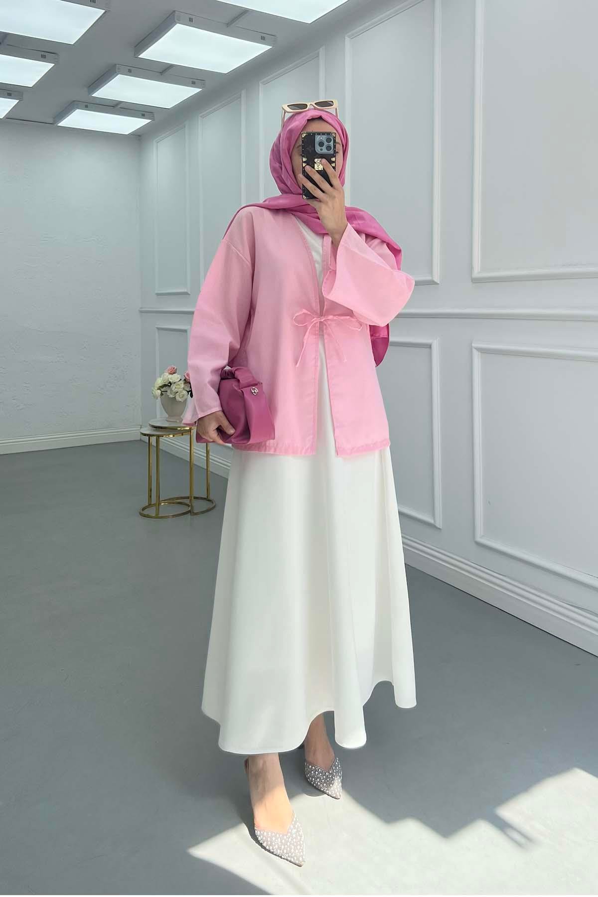 Bağlama Detaylı Kimono Pembe