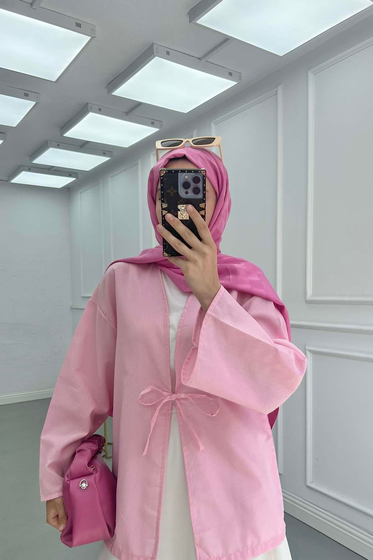 Bağlama Detaylı Kimono Pembe