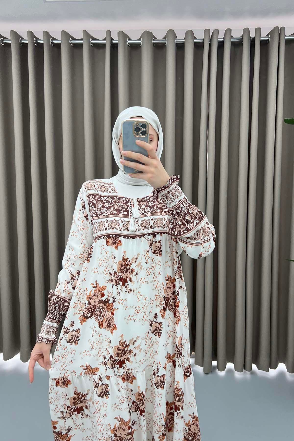 Bağlamalı Çiçekli Elbise Kahve