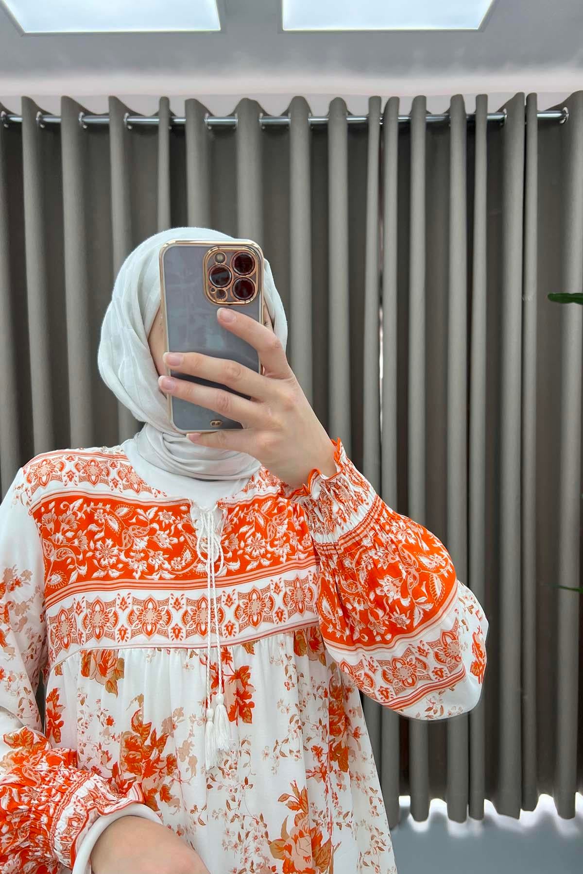 Bağlamalı Çiçekli Elbise Turuncu