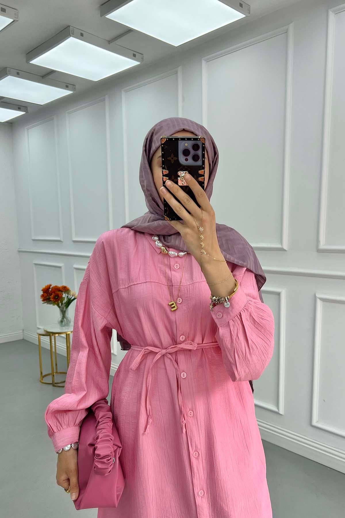 Bağlamalı Çilek Uzun Gömlek Pembe