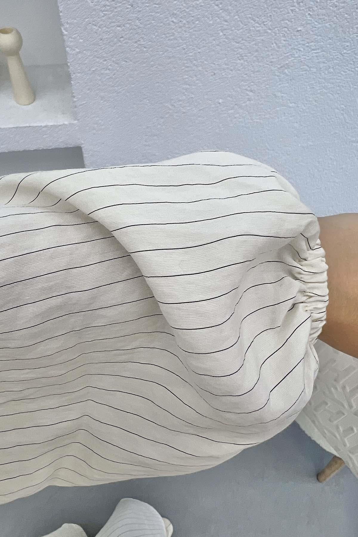 Bağlamalı Çizgili Elbise Ekru