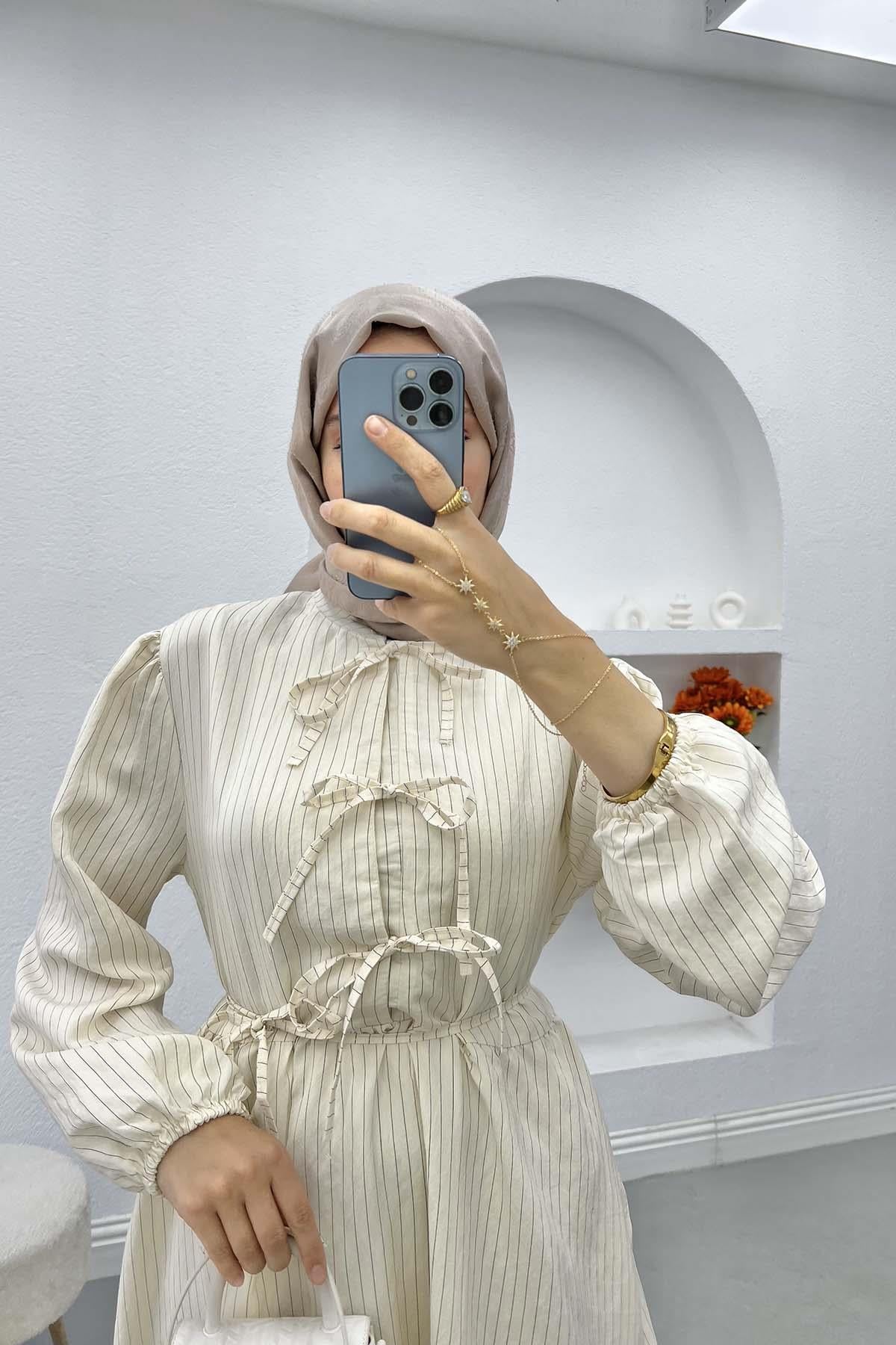 Bağlamalı Çizgili Elbise Ekru