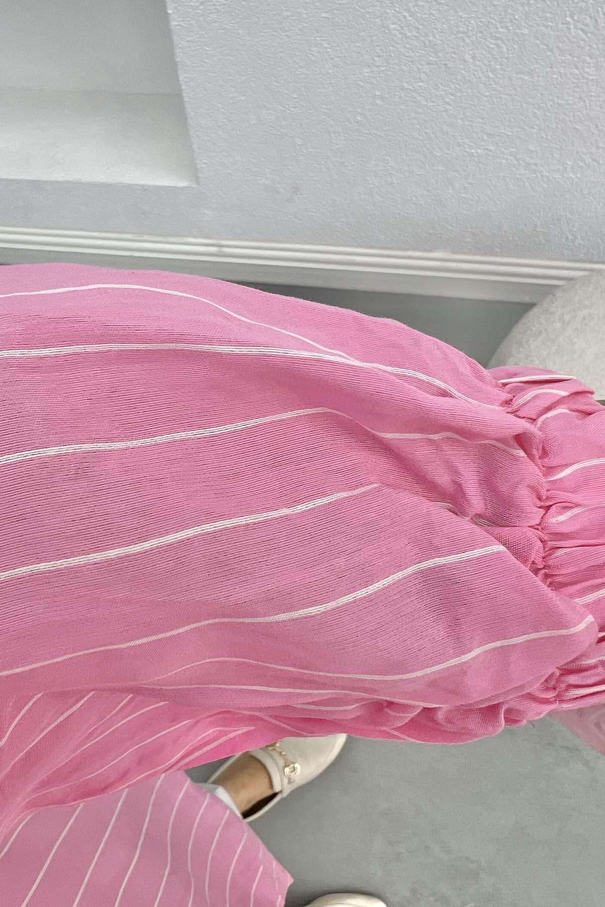 Bağlamalı Çizgili Gömlek Pembe