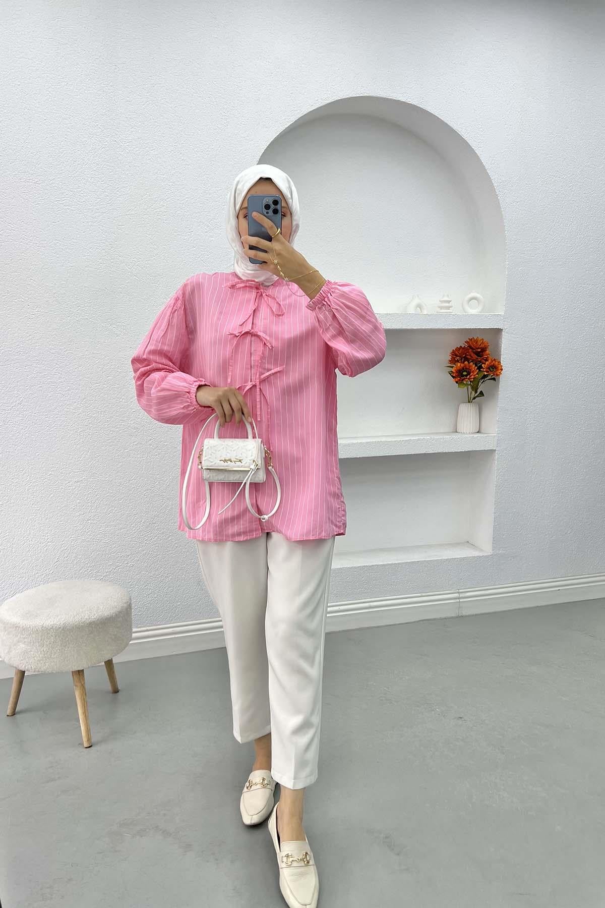 Bağlamalı Çizgili Gömlek Pembe