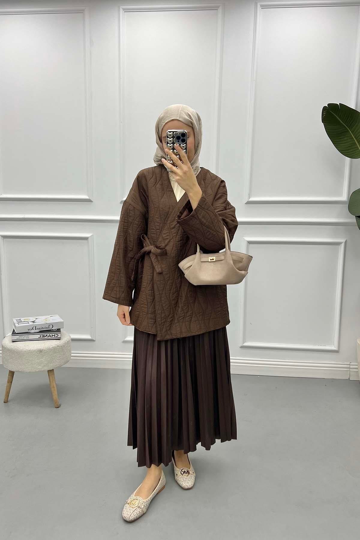 Bağlamalı Desenli Kimono Acı Kahve
