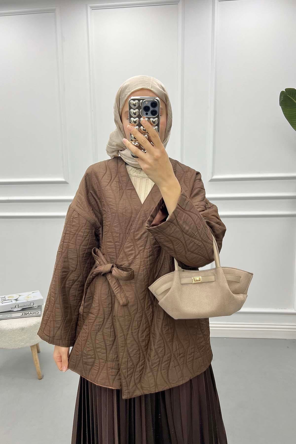 Bağlamalı Desenli Kimono Acı Kahve