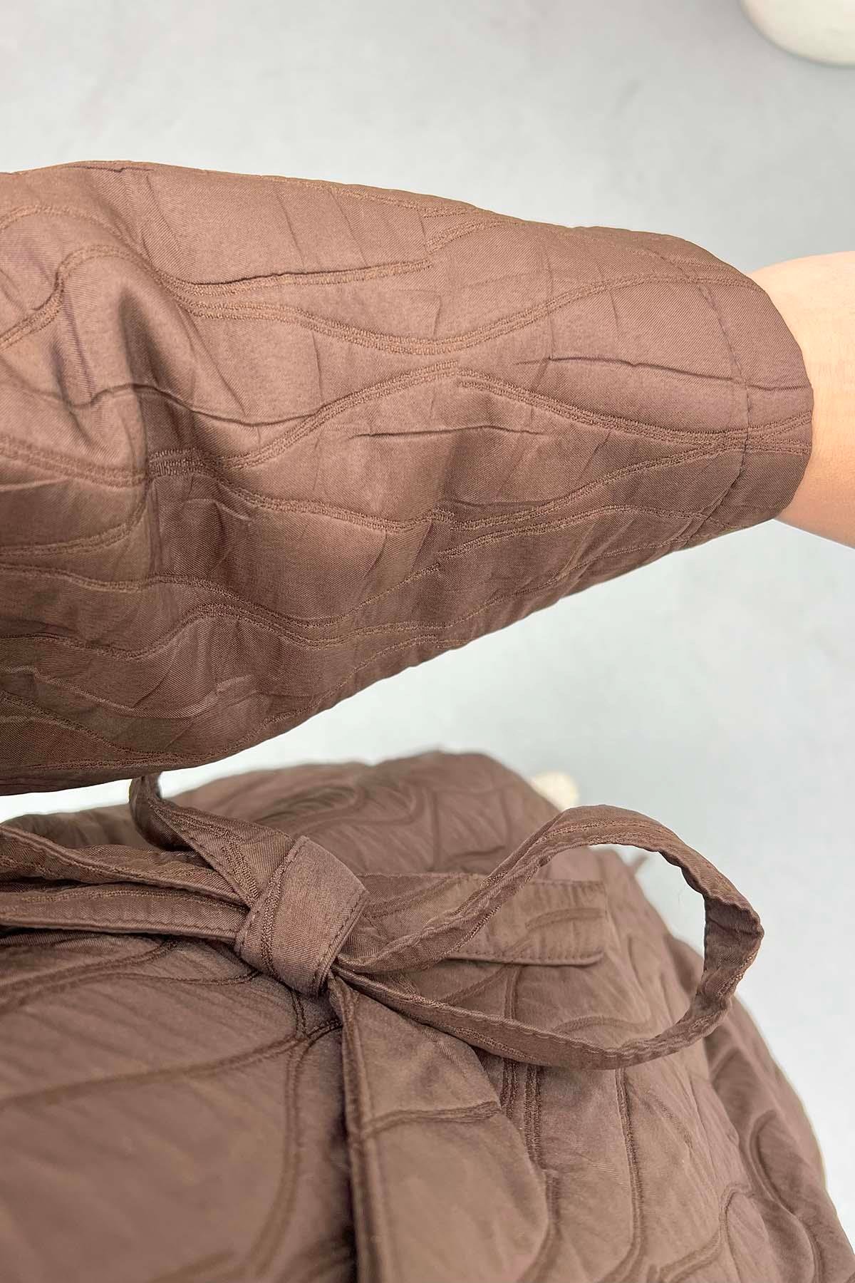 Bağlamalı Desenli Kimono Acı Kahve