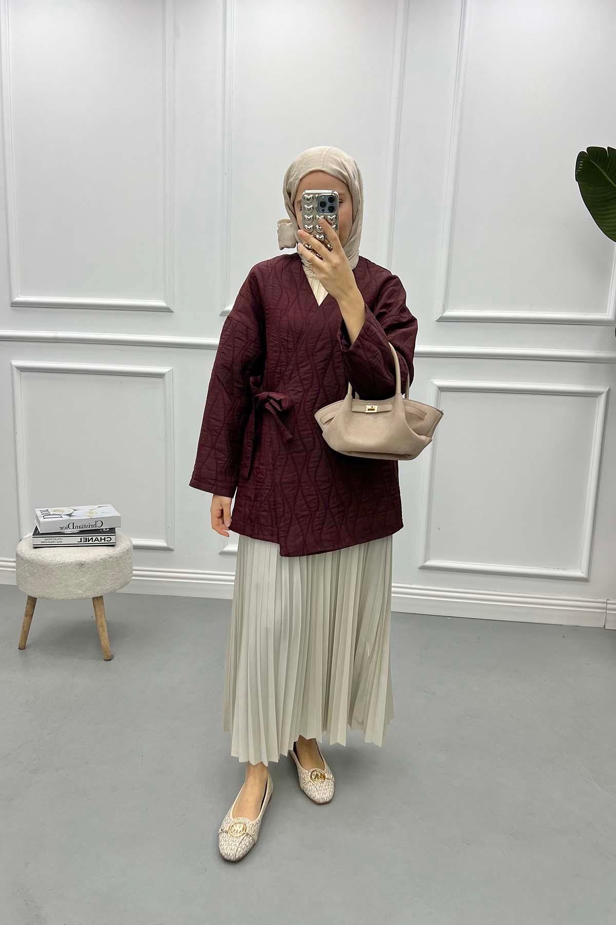 Bağlamalı Desenli Kimono Bordo