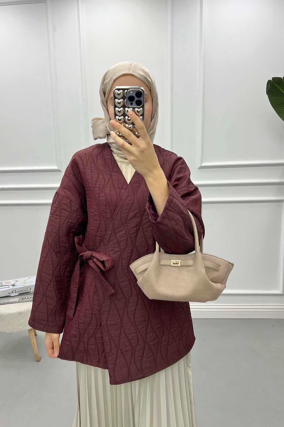 Bağlamalı Desenli Kimono Bordo