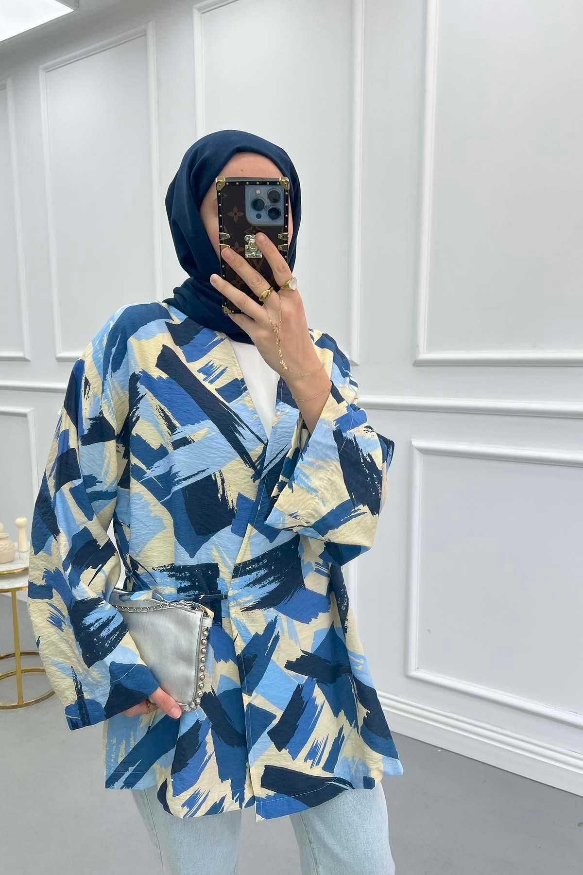 Bağlamalı Desenli Kimono Lacivert