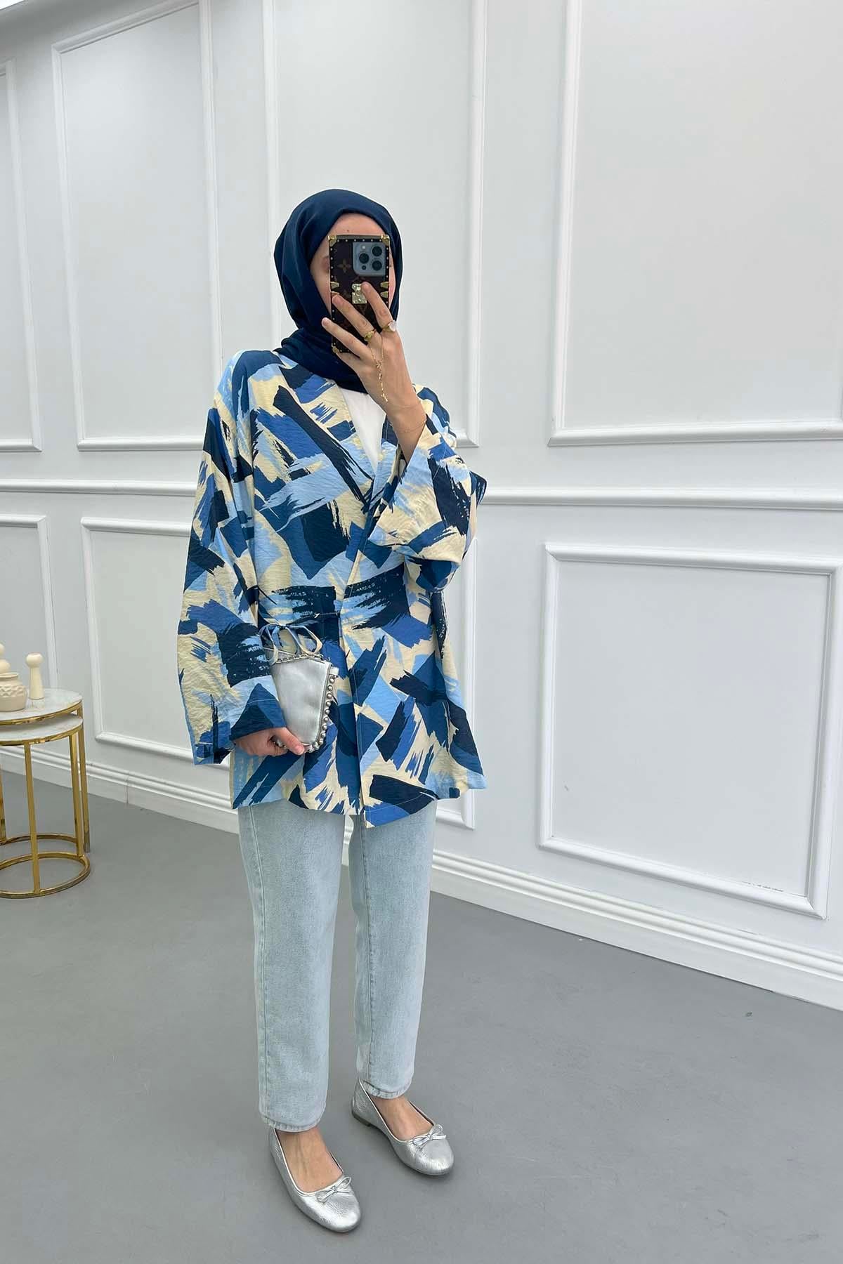 Bağlamalı Desenli Kimono Lacivert
