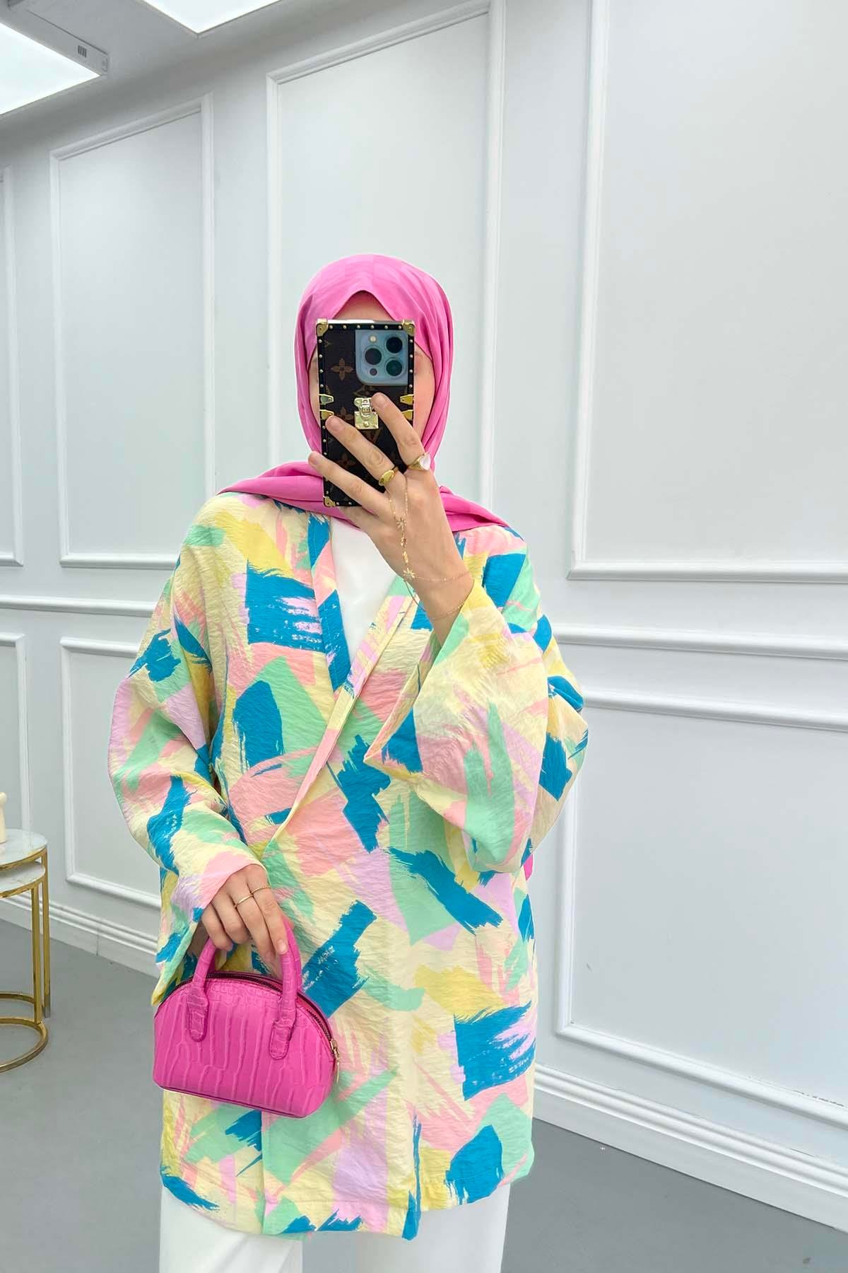 Bağlamalı Desenli Kimono Pembe
