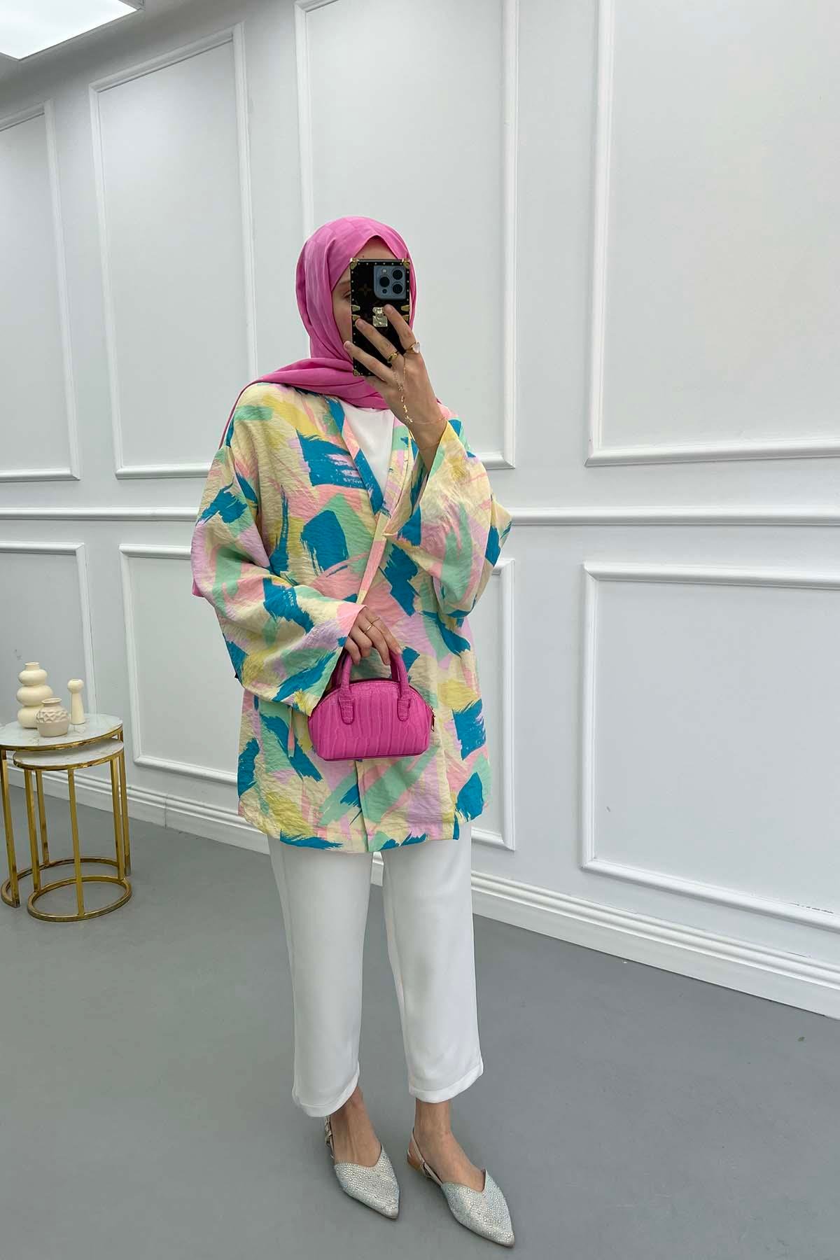 Bağlamalı Desenli Kimono Pembe