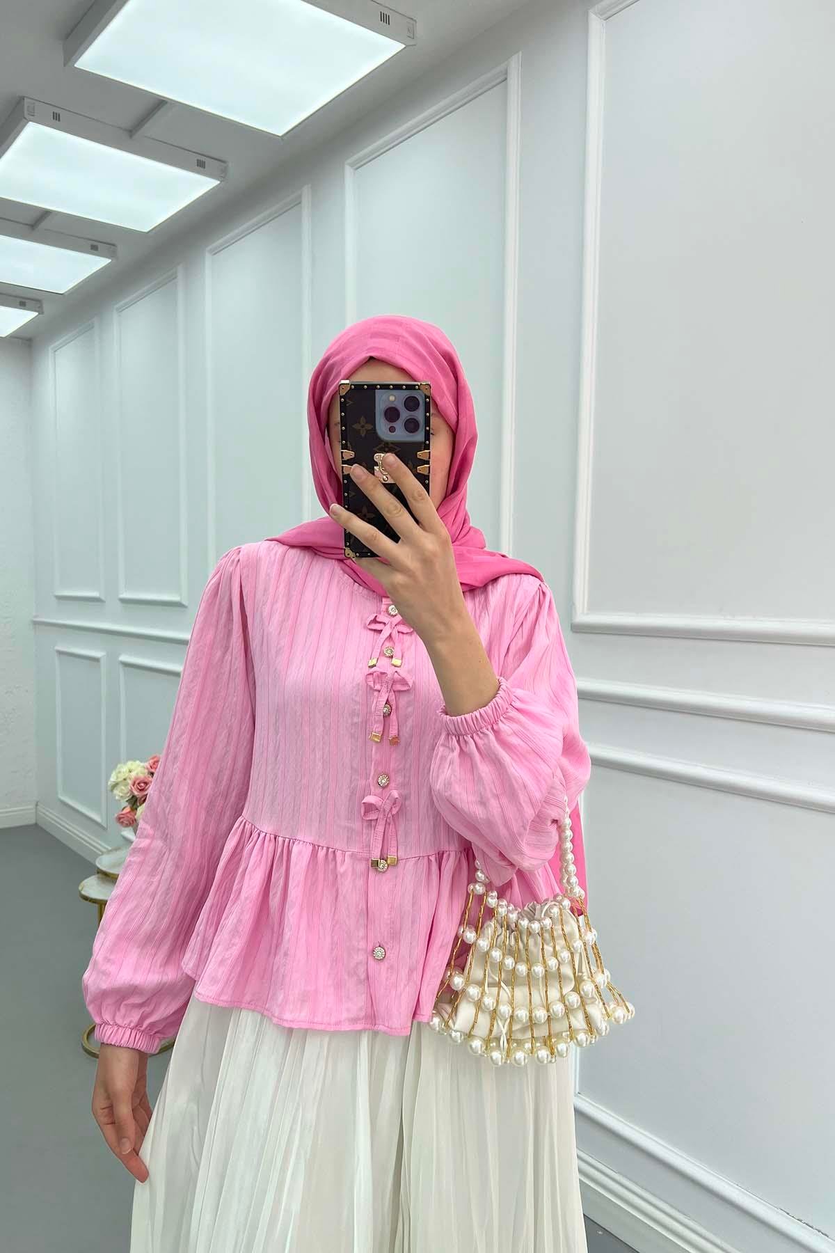 Bağlamalı Düğme Detaylı Gömlek Pembe
