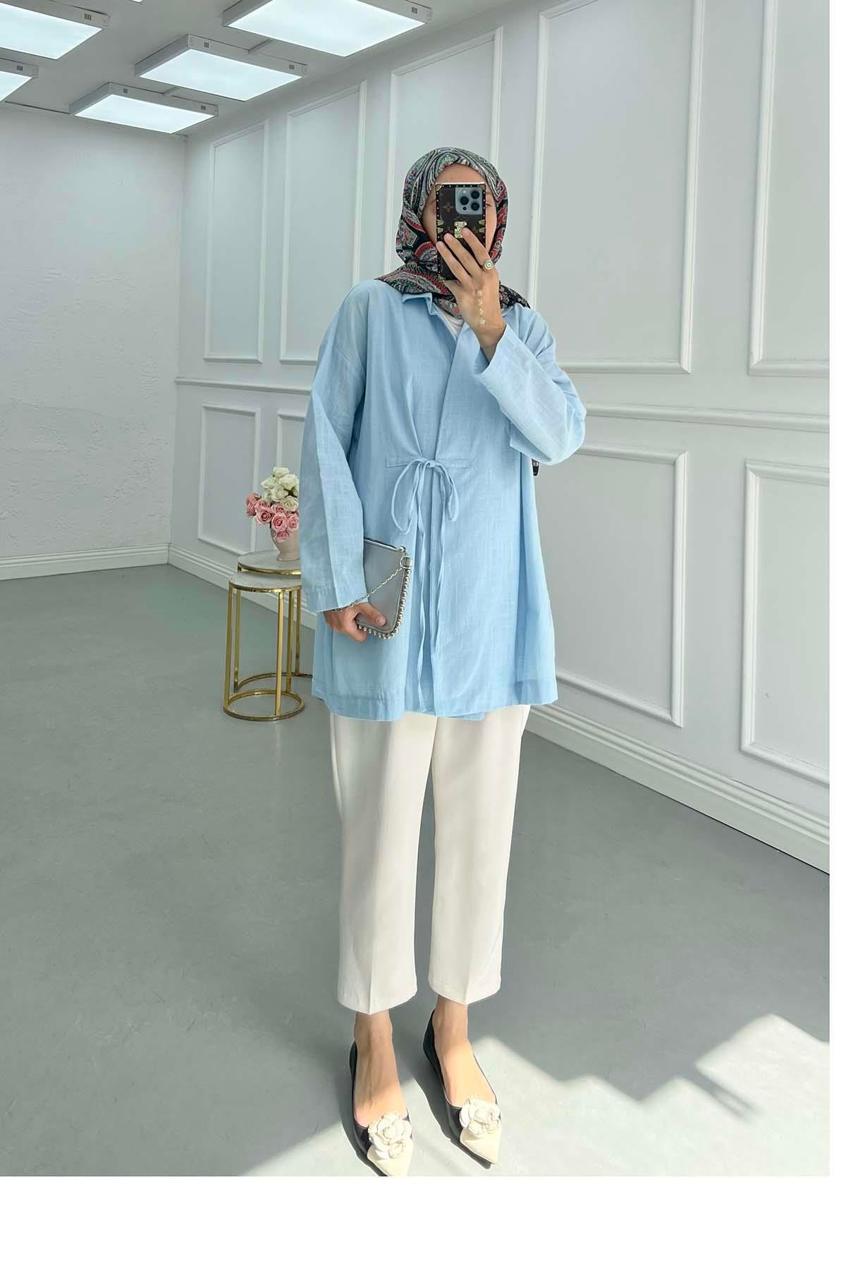 Bağlamalı Keten Kimono Ceket Mavi