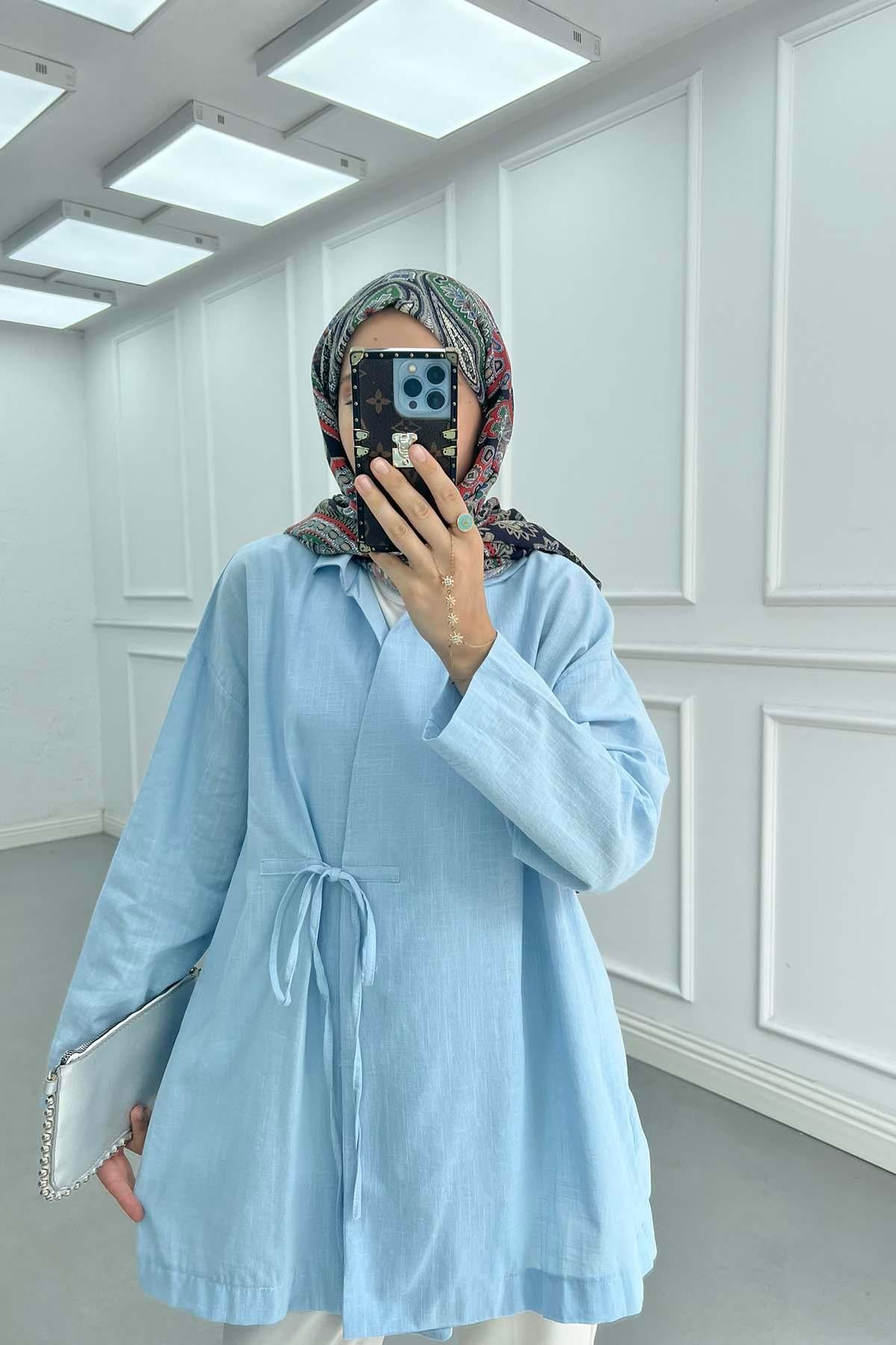 Bağlamalı Keten Kimono Ceket Mavi
