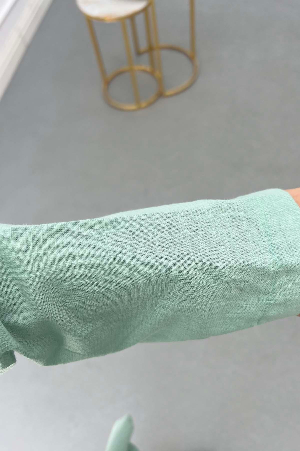 Bağlamalı Keten Kimono Ceket Mint Yeşili