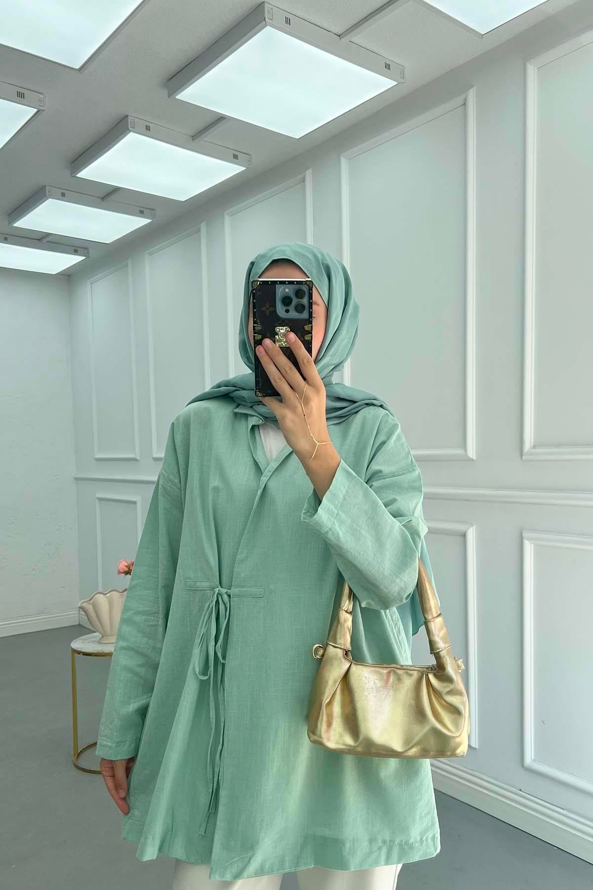 Bağlamalı Keten Kimono Ceket Mint Yeşili