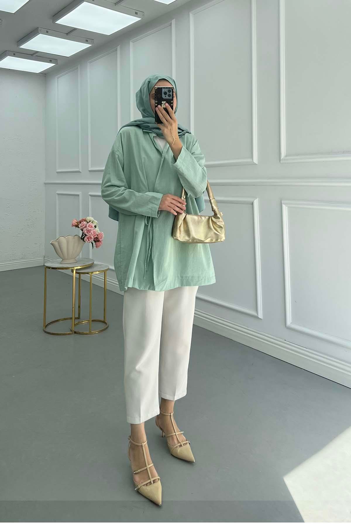 Bağlamalı Keten Kimono Ceket Mint Yeşili
