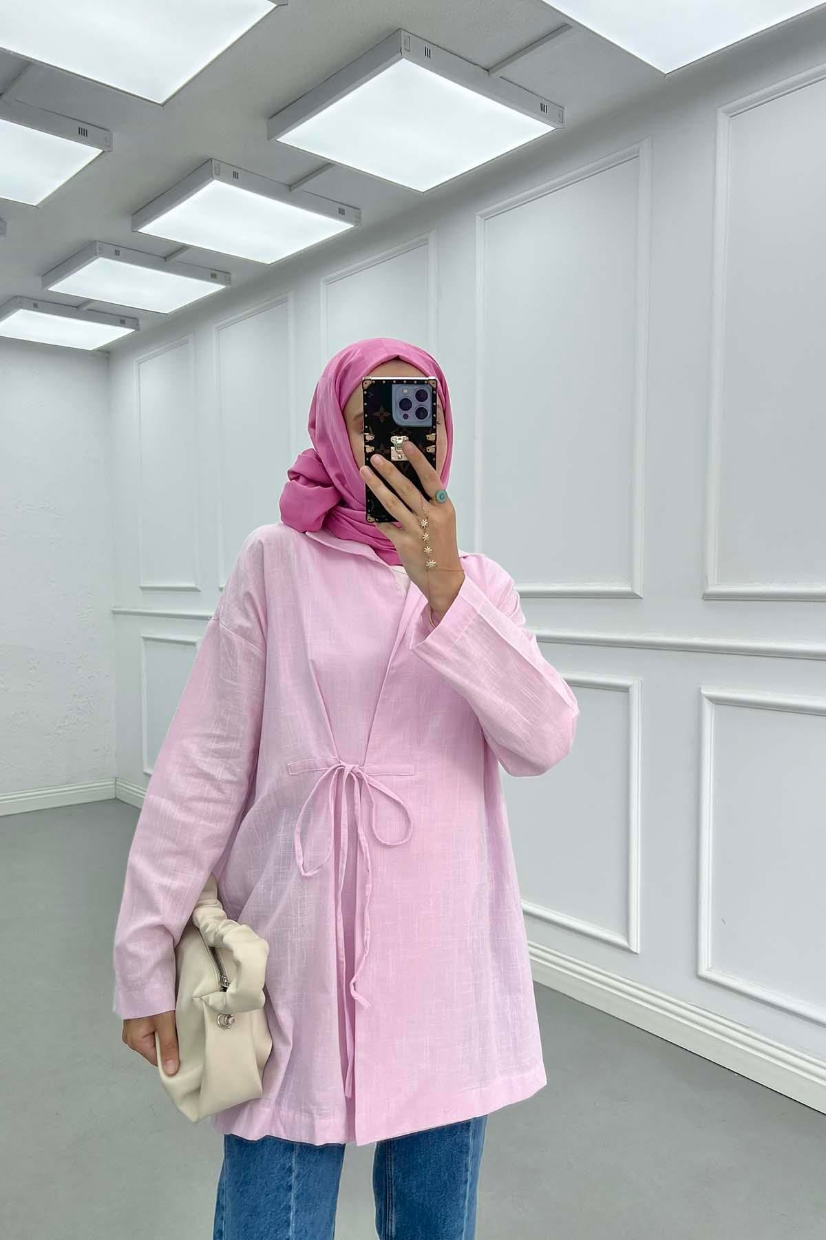 Bağlamalı Keten Kimono Ceket Pembe