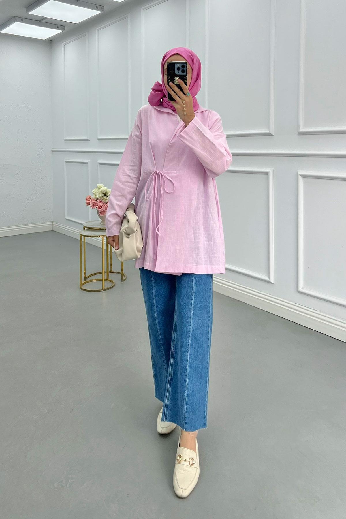 Bağlamalı Keten Kimono Ceket Pembe