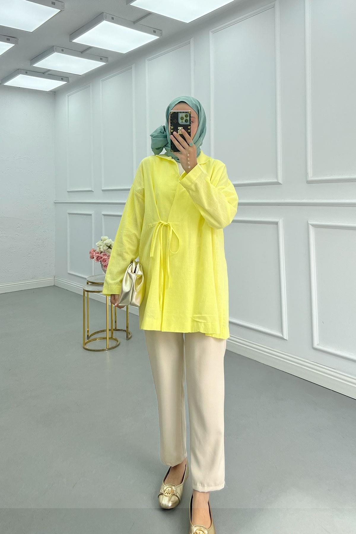 Bağlamalı Keten Kimono Ceket Sarı