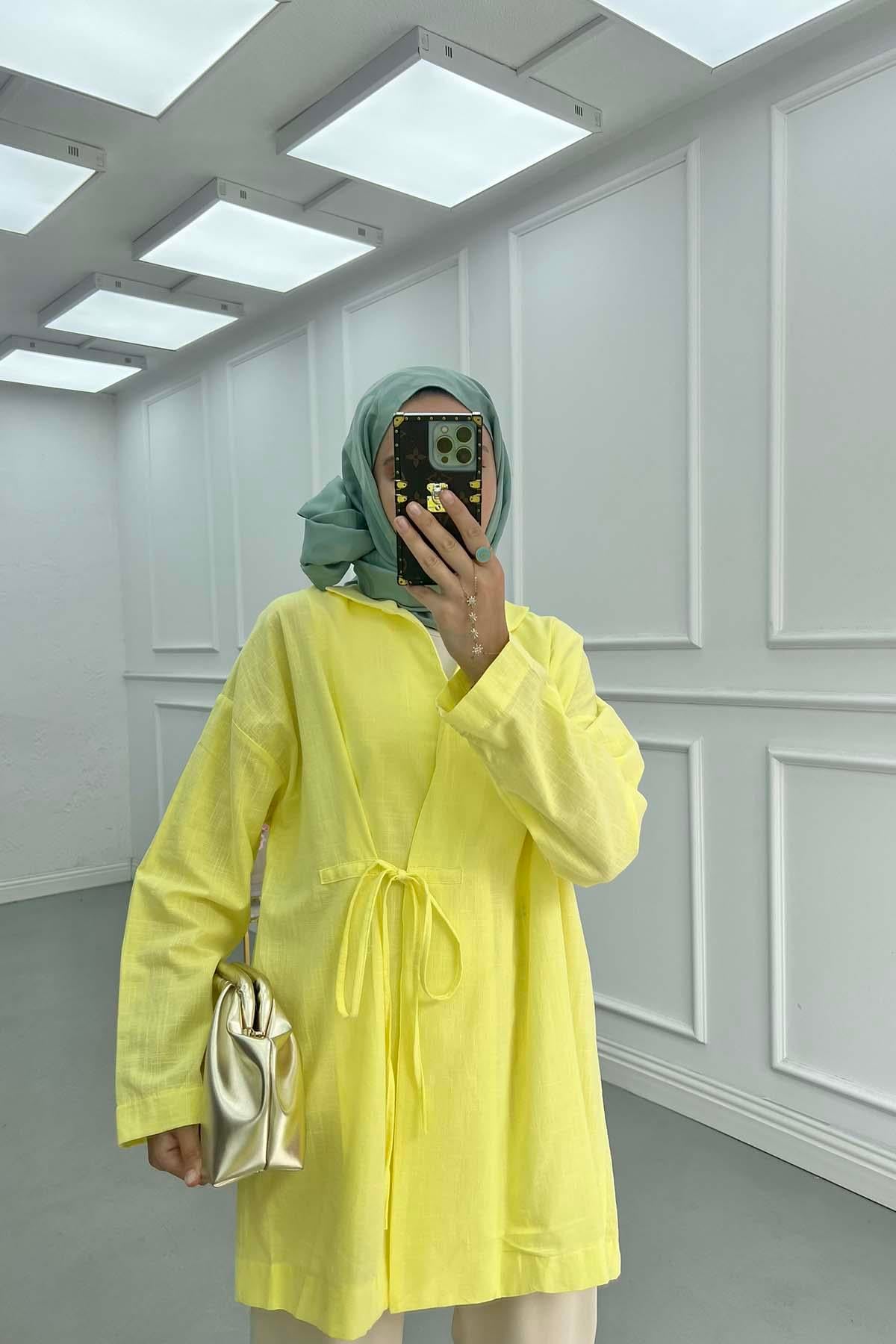 Bağlamalı Keten Kimono Ceket Sarı