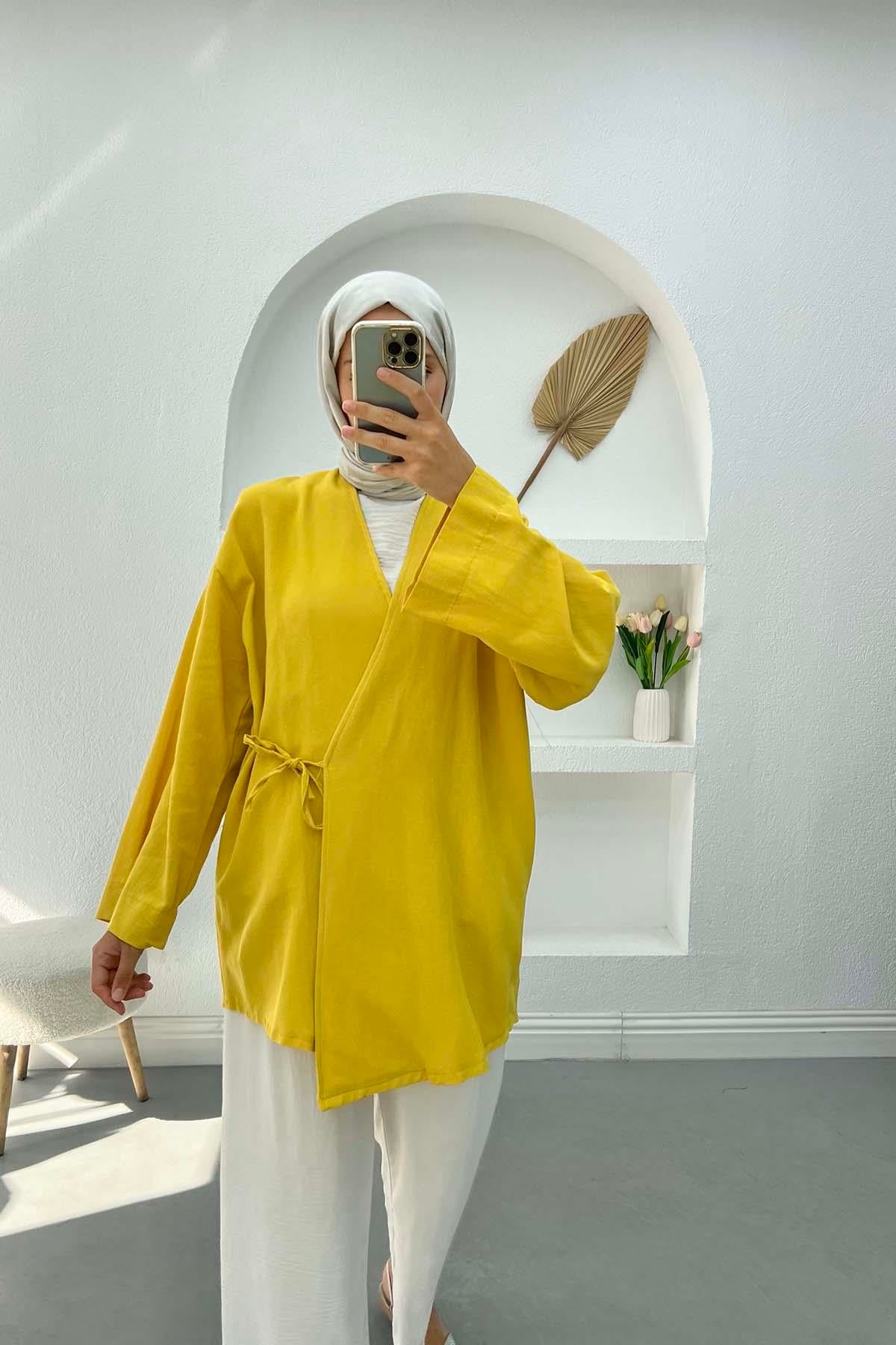 Bağlamalı Keten Kimono Hardal