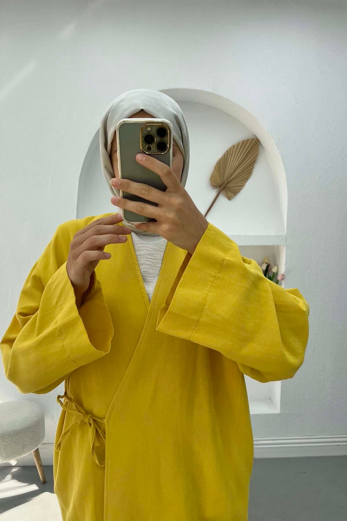 Bağlamalı Keten Kimono Hardal