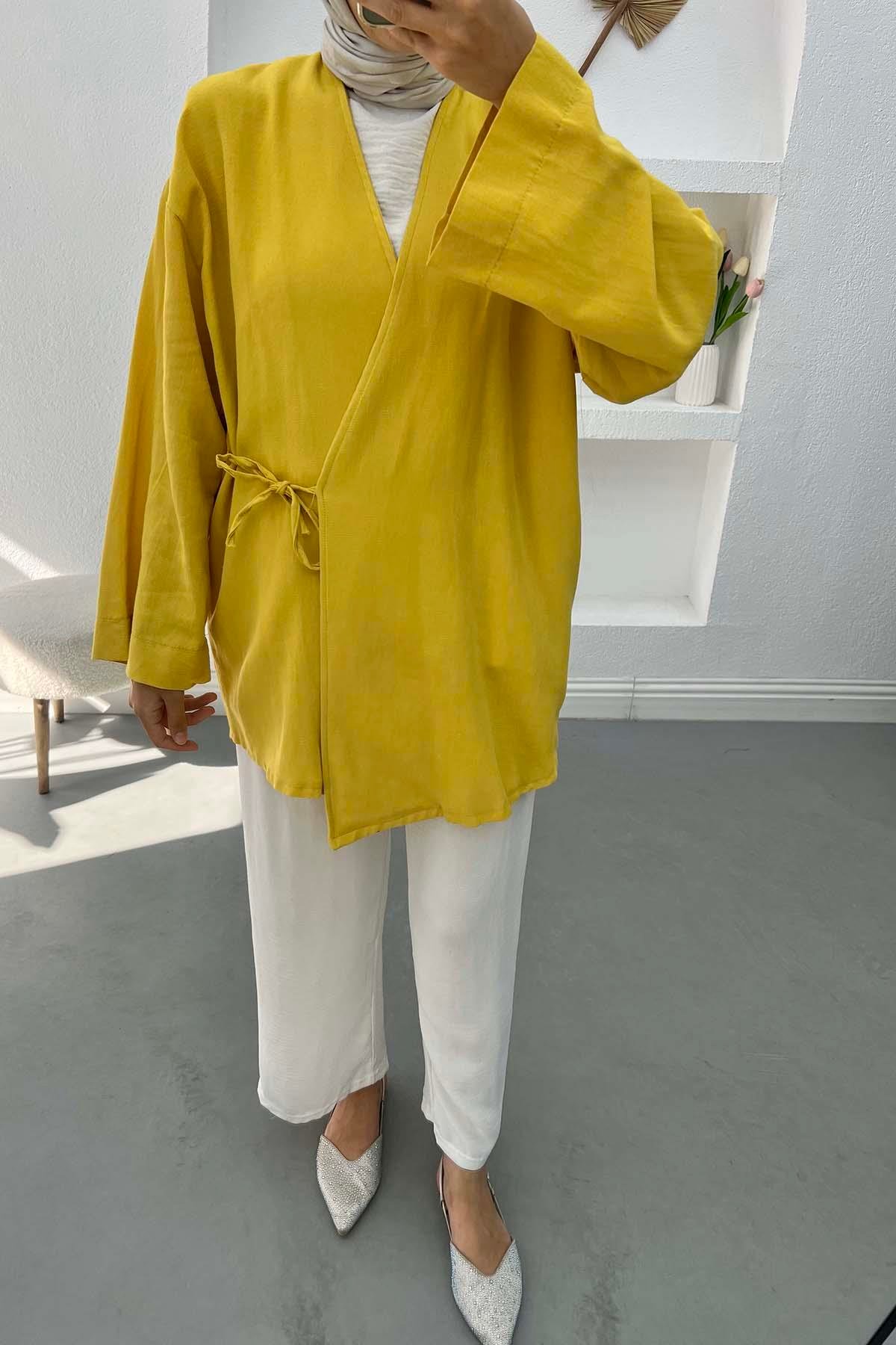 Bağlamalı Keten Kimono Hardal