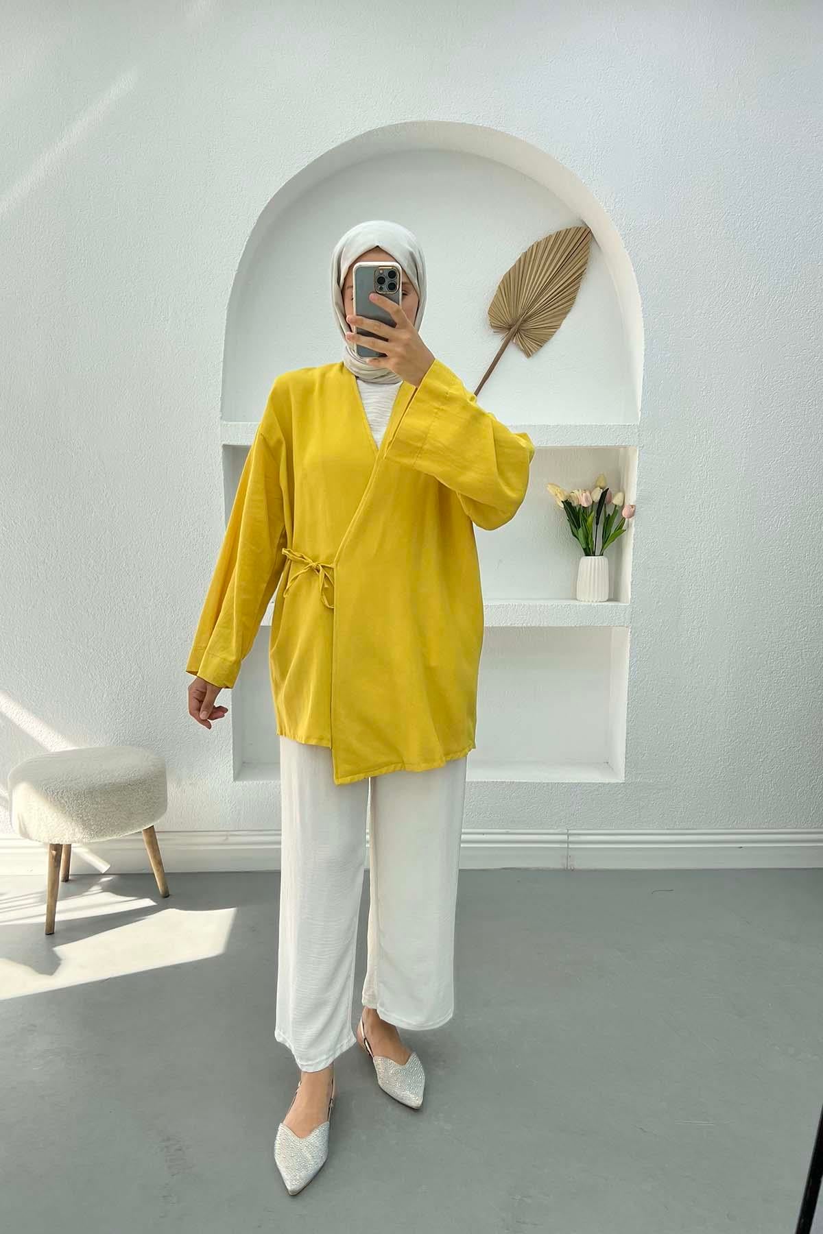 Bağlamalı Keten Kimono Hardal