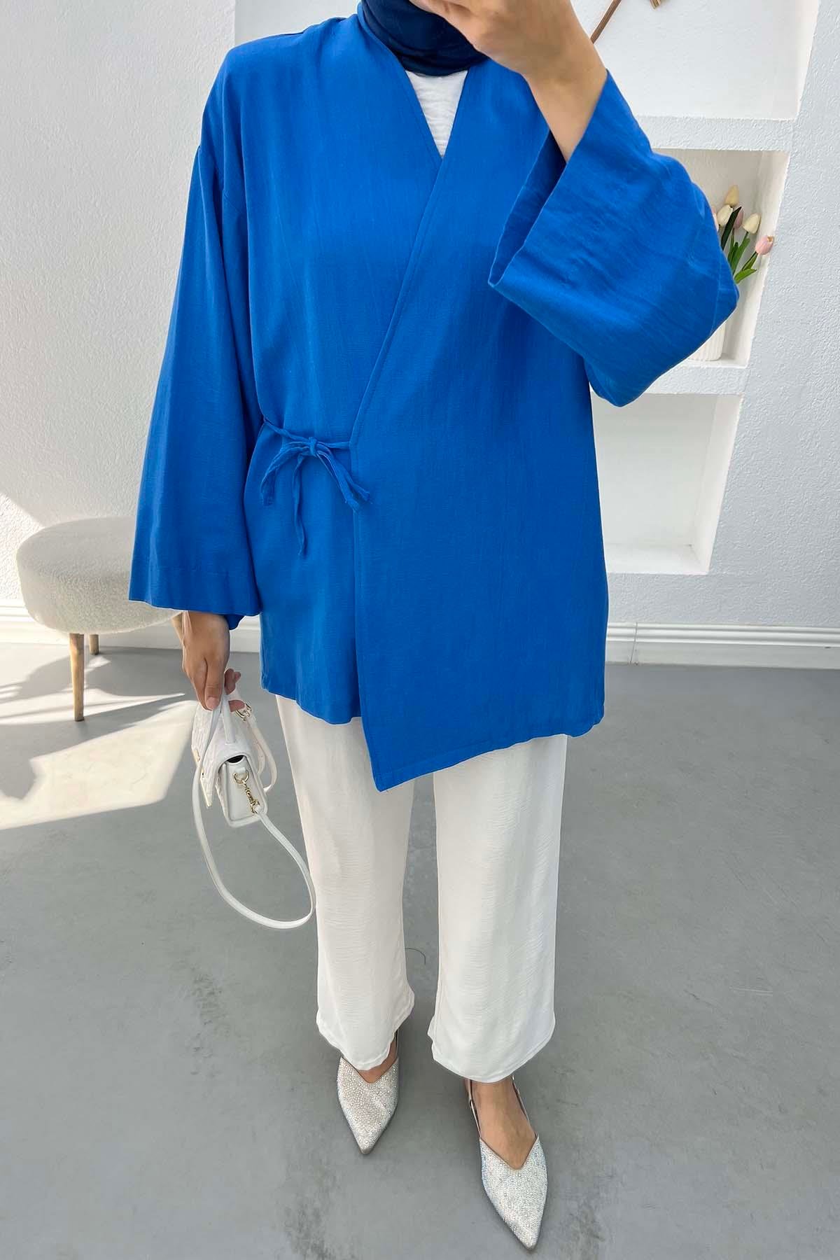 Bağlamalı Keten Kimono İndigo