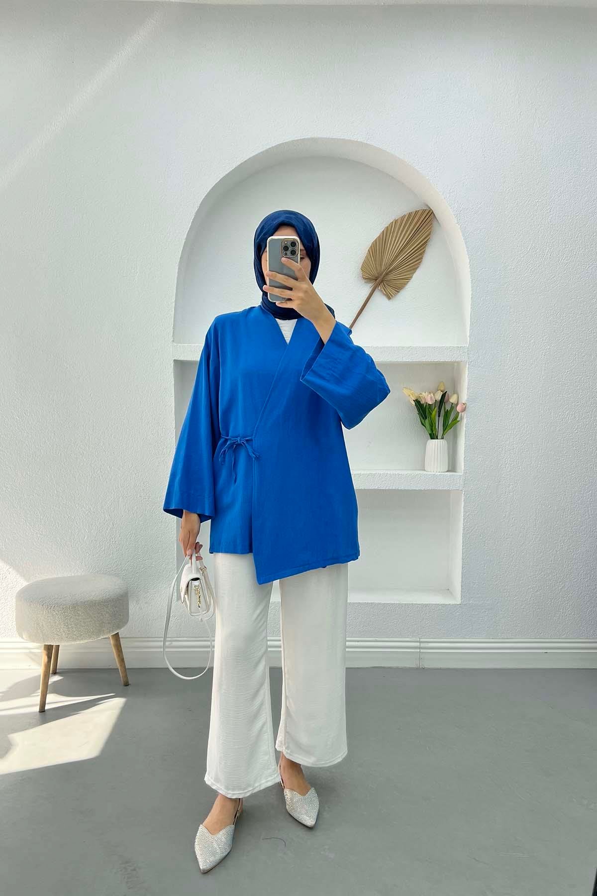 Bağlamalı Keten Kimono İndigo