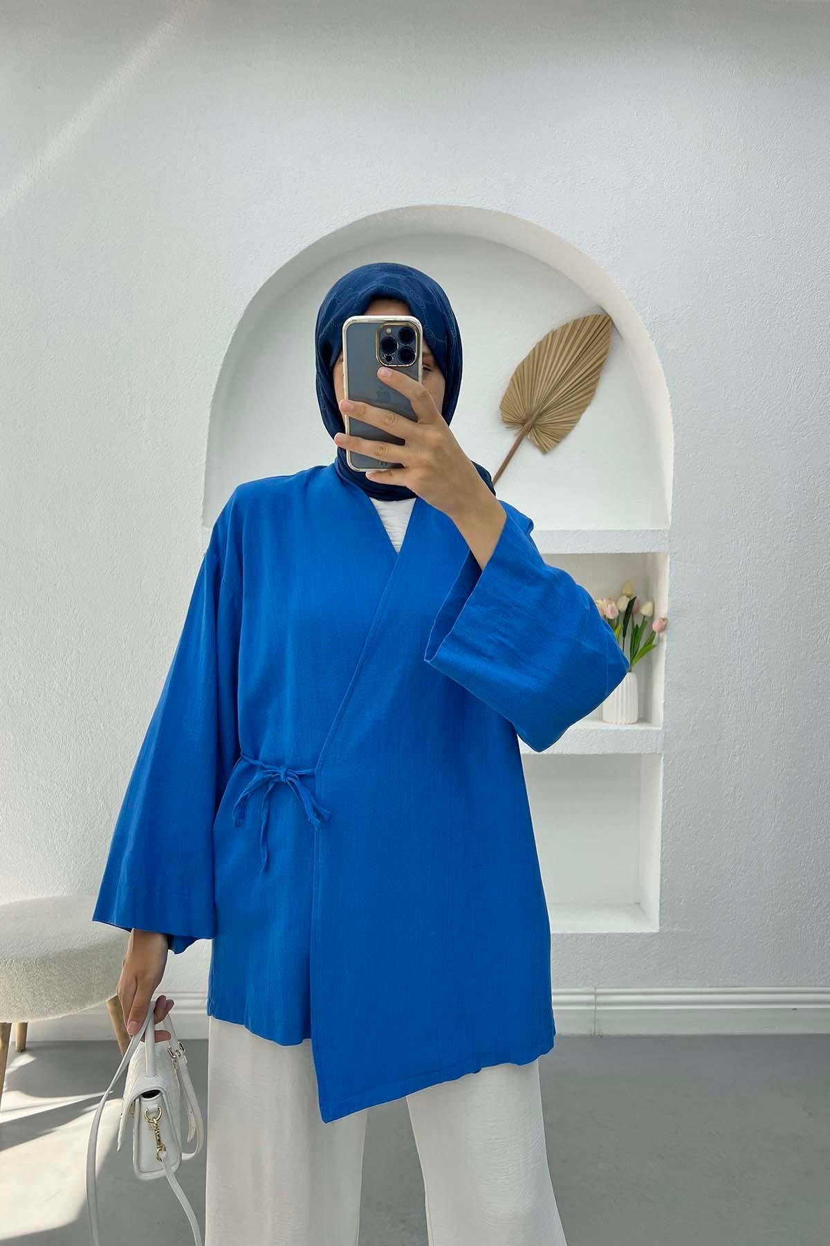Bağlamalı Keten Kimono İndigo